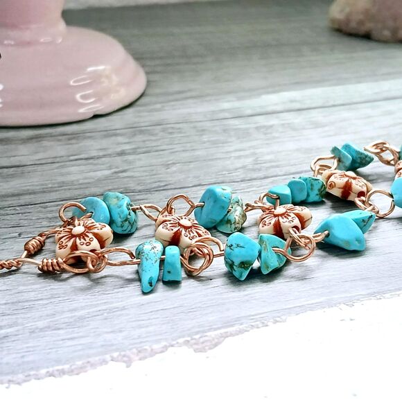 Statement Copper Howlite Gemstone Beaded Bracelet, Floral Flowers OOAK - Picture 3 of 4